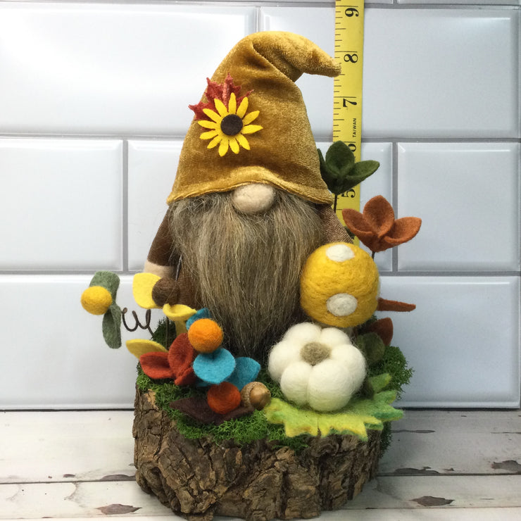 Sunflower Velvet Gnome, Pumpkin, Mushroom & Flora on Natural Tree Stump