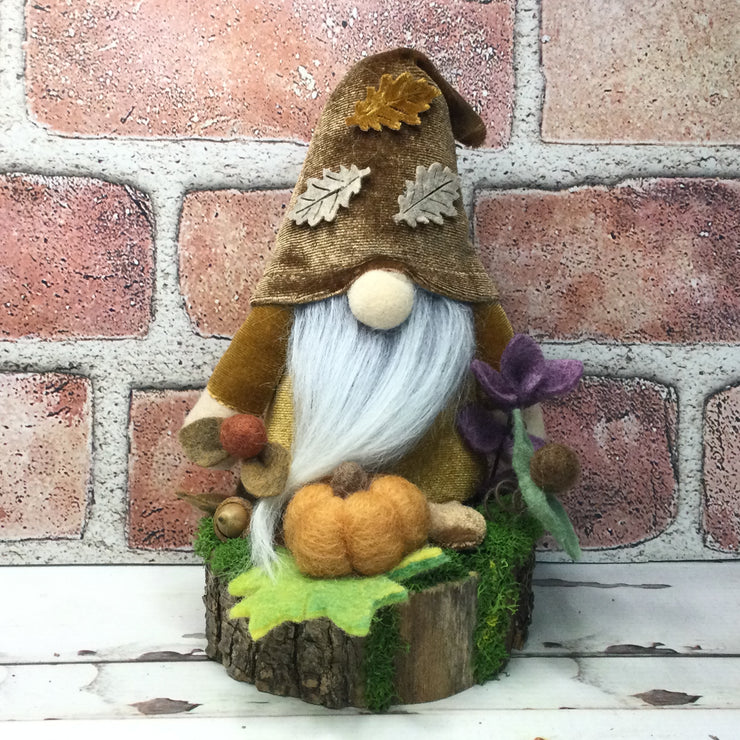 Autumn Leaves Velvet Gnome, Pumpkin & Flora on Natural Tree Stump