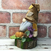 Autumn Leaves Velvet Gnome, Pumpkin & Flora on Natural Tree Stump