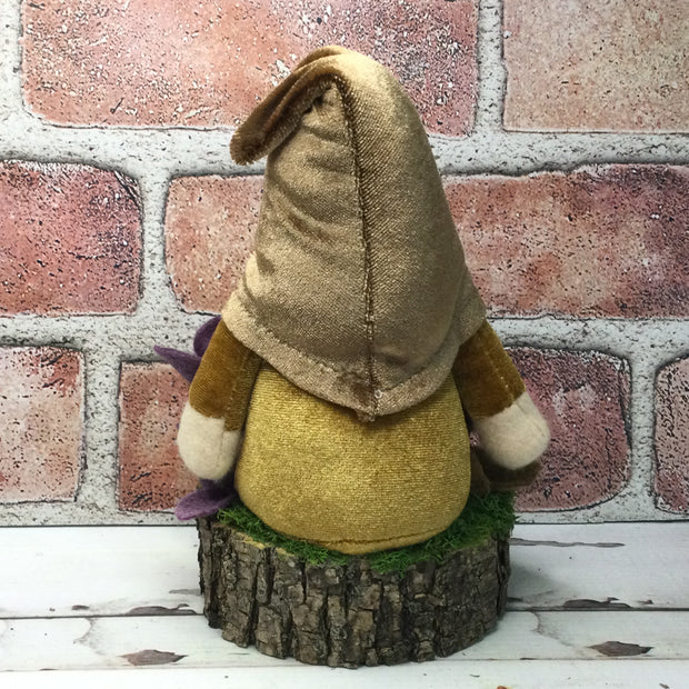 Autumn Leaves Velvet Gnome, Pumpkin & Flora on Natural Tree Stump