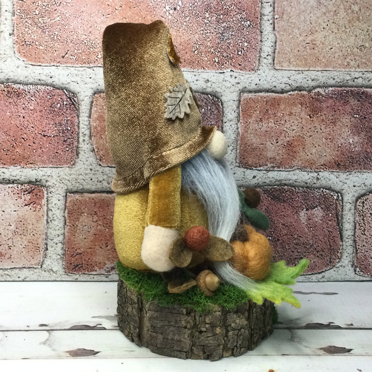 Autumn Leaves Velvet Gnome, Pumpkin & Flora on Natural Tree Stump