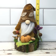 Autumn Leaves Velvet Gnome, Pumpkin & Flora on Natural Tree Stump