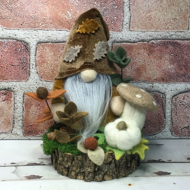 Autumn Leaves Velvet Gnome, Pumpkin, Mushroom & Flora on Natural Tree Stump