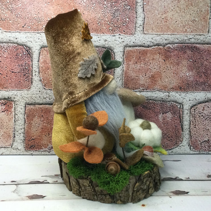 Autumn Leaves Velvet Gnome, Pumpkin, Mushroom & Flora on Natural Tree Stump