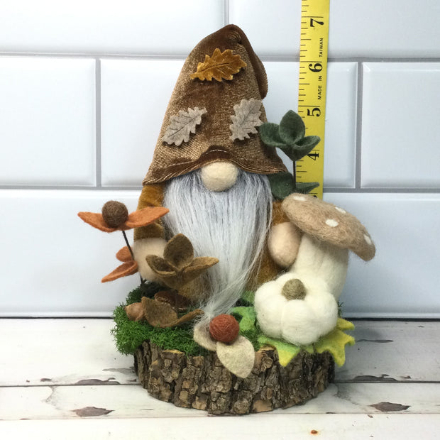 Autumn Leaves Velvet Gnome, Pumpkin, Mushroom & Flora on Natural Tree Stump