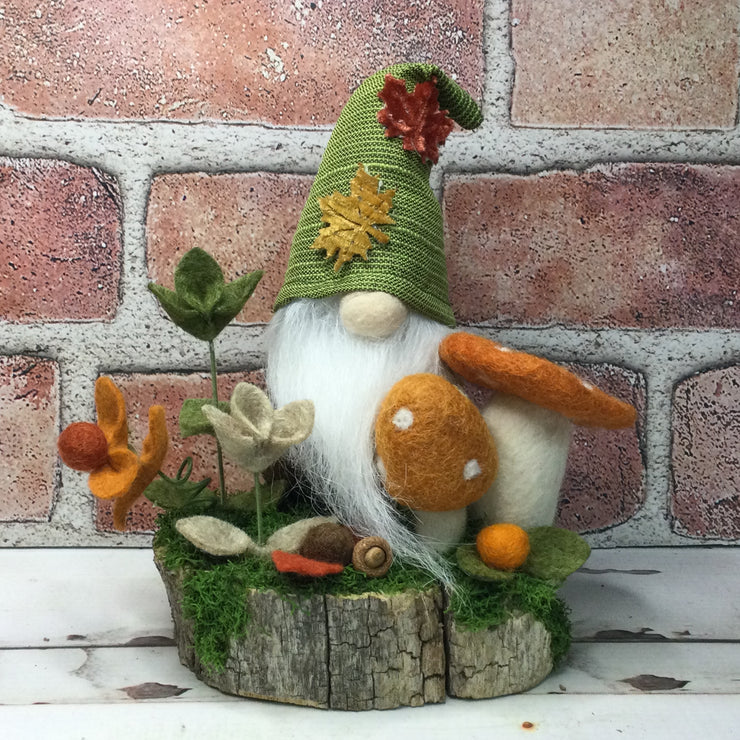 Maple Leaf Gnome, Mushrooms & Flora on Natural Tree Stump