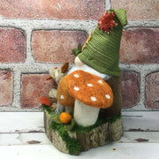 Maple Leaf Gnome, Mushrooms & Flora on Natural Tree Stump