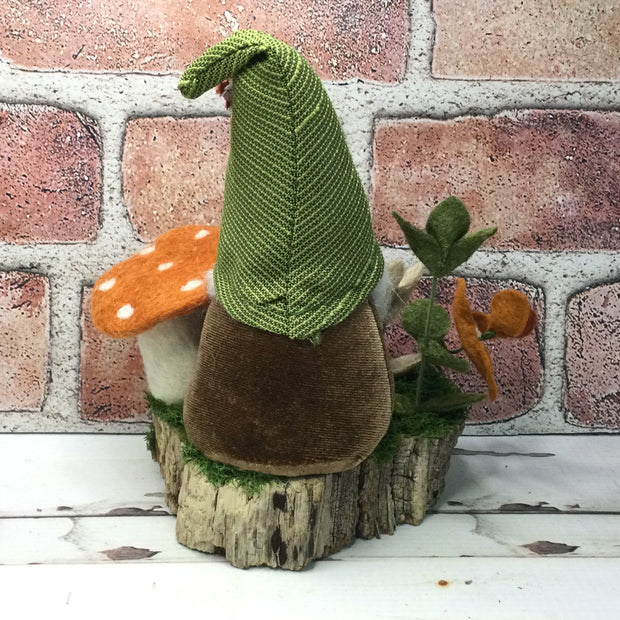 Maple Leaf Gnome, Mushrooms & Flora on Natural Tree Stump