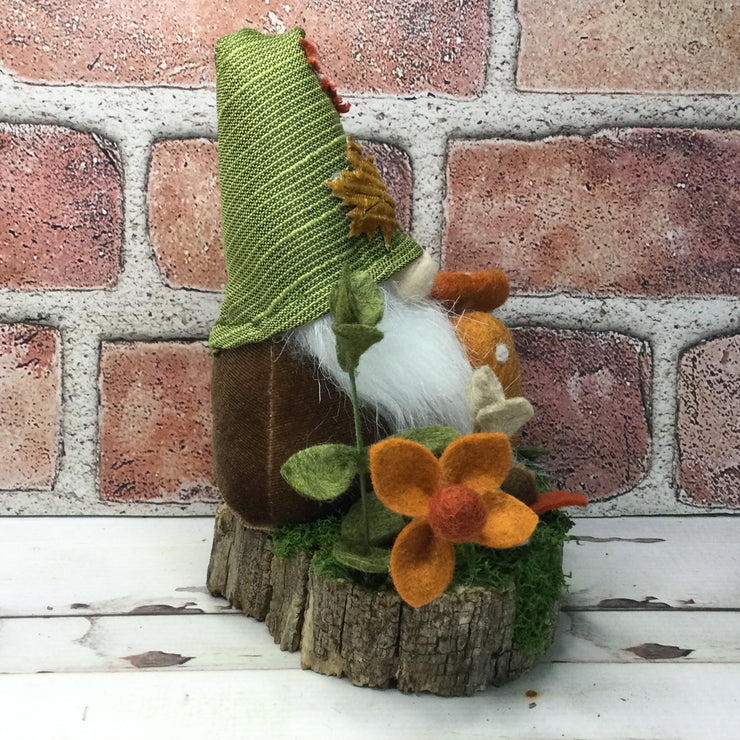 Maple Leaf Gnome, Mushrooms & Flora on Natural Tree Stump