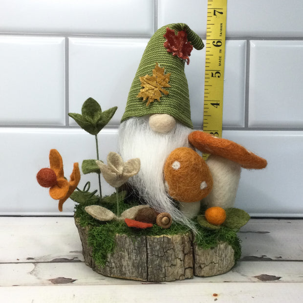 Maple Leaf Gnome, Mushrooms & Flora on Natural Tree Stump