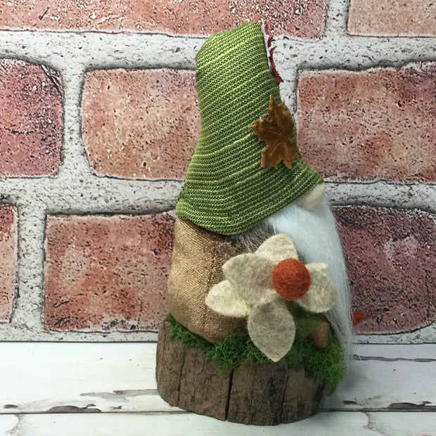 Maple Leaf Gnome & Flora on Natural Tree Stump