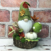 Maple Leaf Gnome, Pumpkin, Mushroom & Flora on Natural Tree Stump