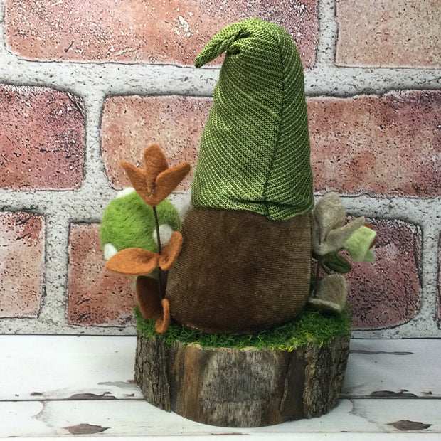 Maple Leaf Gnome, Pumpkin, Mushroom & Flora on Natural Tree Stump