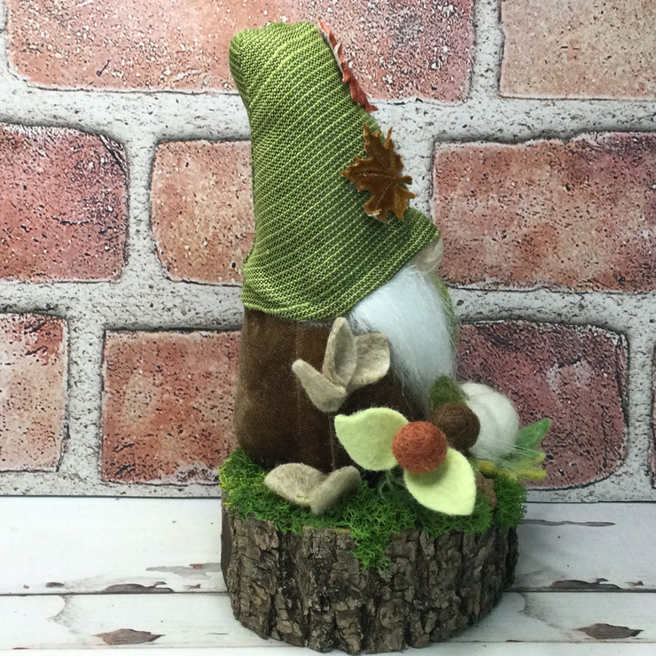 Maple Leaf Gnome, Pumpkin, Mushroom & Flora on Natural Tree Stump