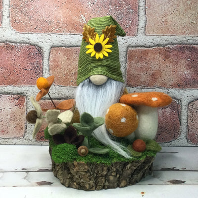 Sunflower Gnome, Mushrooms & Flora on Natural Tree Stump