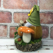 Sunflower Gnome, Mushrooms & Flora on Natural Tree Stump