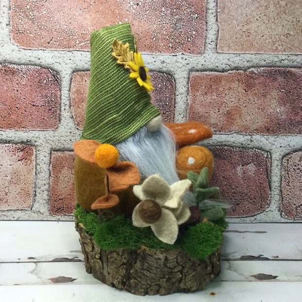 Sunflower Gnome, Mushrooms & Flora on Natural Tree Stump