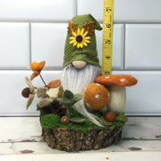 Sunflower Gnome, Mushrooms & Flora on Natural Tree Stump