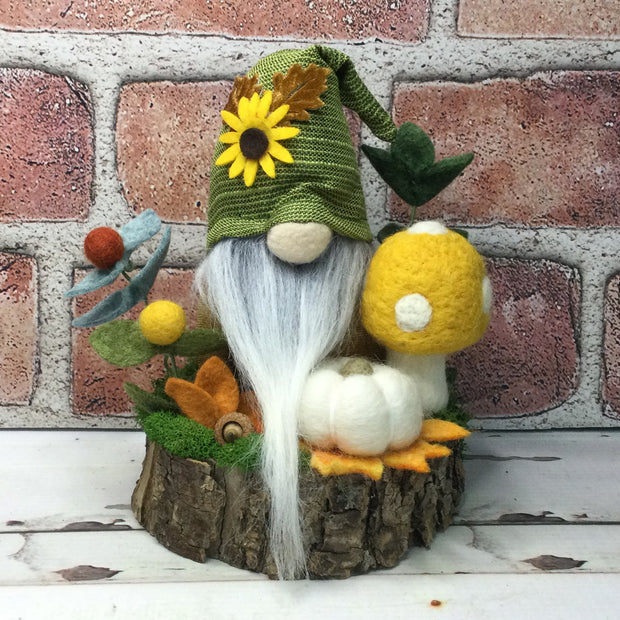 Sunflower Gnome, Pumpkin, Mushroom & Flora on Natural Tree Stump