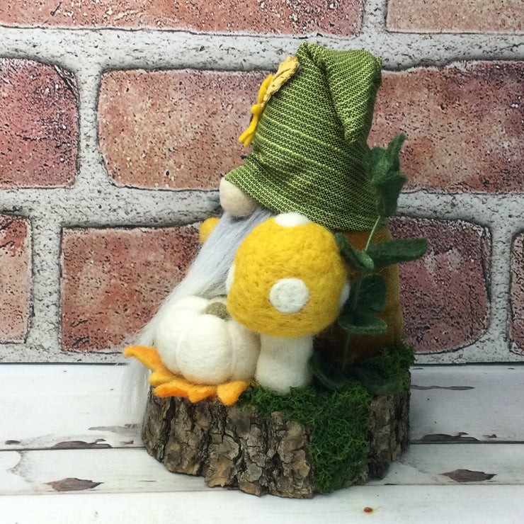 Sunflower Gnome, Pumpkin, Mushroom & Flora on Natural Tree Stump