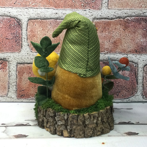 Sunflower Gnome, Pumpkin, Mushroom & Flora on Natural Tree Stump