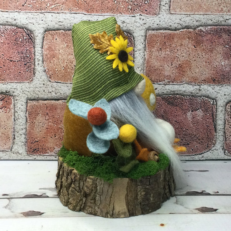 Sunflower Gnome, Pumpkin, Mushroom & Flora on Natural Tree Stump