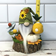 Sunflower Gnome, Pumpkin, Mushroom & Flora on Natural Tree Stump