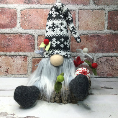 Grey & White Gnome & Flora on Natural Tree Stump/Christmas