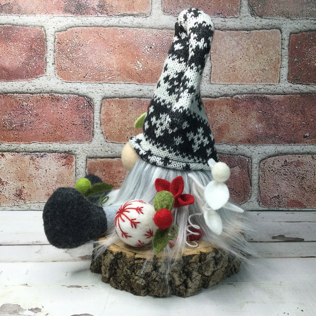 Grey & White Gnome & Flora on Natural Tree Stump/Christmas