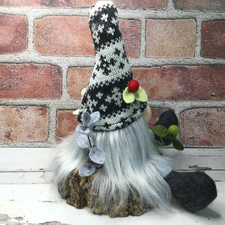 Grey & White Gnome & Flora on Natural Tree Stump/Christmas