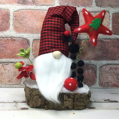 Red Buffalo Check Gnome, Red Star & Flora on Natural Tree Stump/Christmas