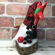 Red Buffalo Check Gnome, Red Star & Flora on Natural Tree Stump/Christmas