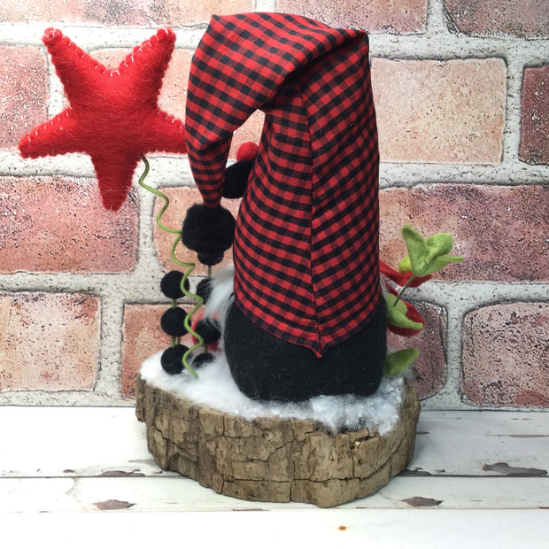 Red Buffalo Check Gnome, Red Star & Flora on Natural Tree Stump/Christmas