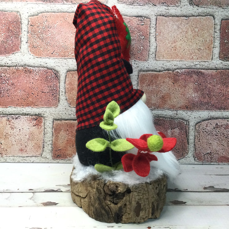 Red Buffalo Check Gnome, Red Star & Flora on Natural Tree Stump/Christmas