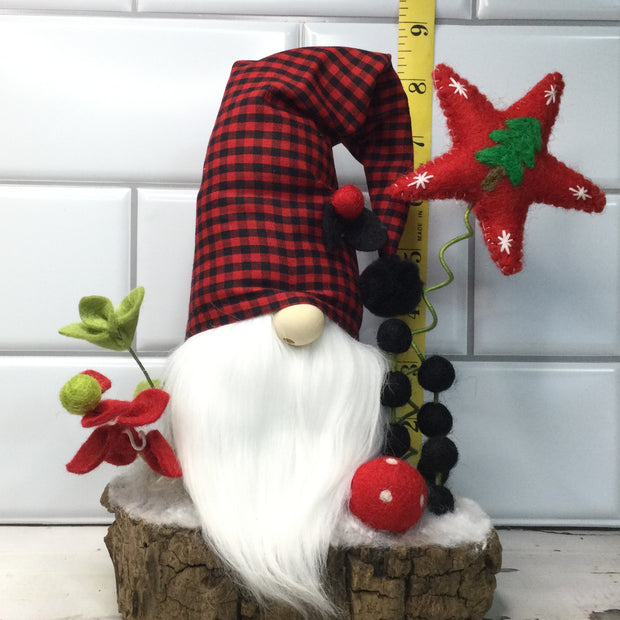 Red Buffalo Check Gnome, Red Star & Flora on Natural Tree Stump/Christmas