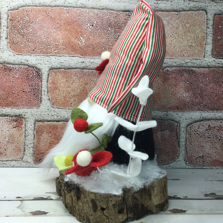 Christmas Stripe Gnome Flora on Natural Tree Stump/Christmas