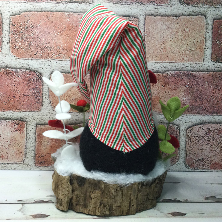 Christmas Stripe Gnome Flora on Natural Tree Stump/Christmas