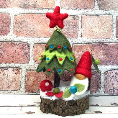 Christmas Tree, Red Gnome & Flora on Natural Tree Stump/Christmas