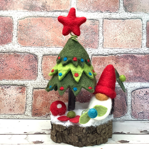 Christmas Tree, Red Gnome & Flora on Natural Tree Stump/Christmas