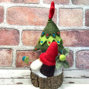 Christmas Tree, Red Gnome & Flora on Natural Tree Stump/Christmas