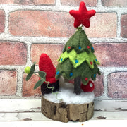 Christmas Tree, Red Gnome & Flora on Natural Tree Stump/Christmas