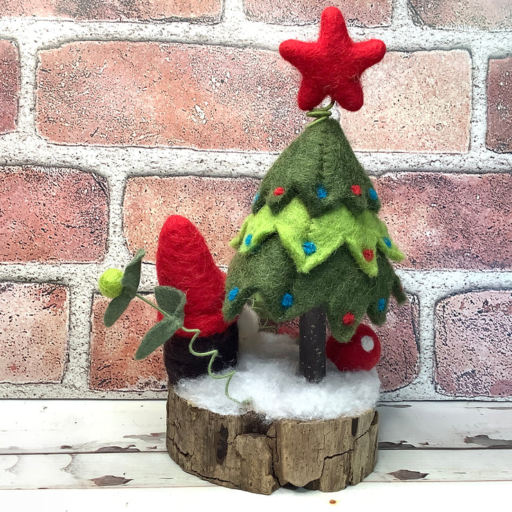 Christmas Tree, Red Gnome & Flora on Natural Tree Stump/Christmas