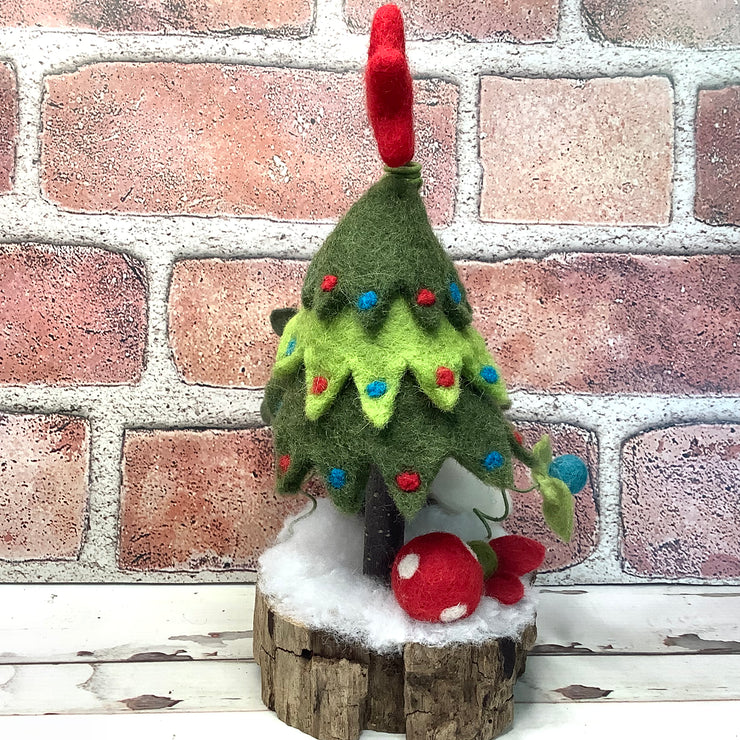 Christmas Tree, Red Gnome & Flora on Natural Tree Stump/Christmas