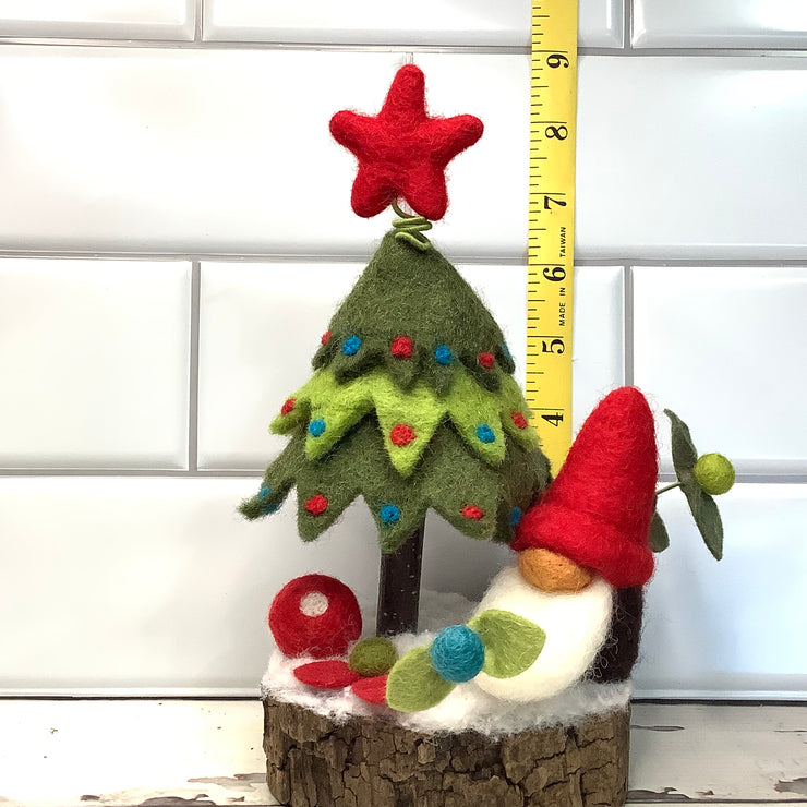 Christmas Tree, Red Gnome & Flora on Natural Tree Stump/Christmas