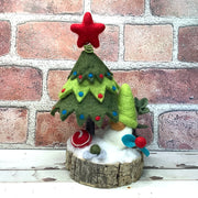 Christmas Tree, Green Gnome & Flora on Natural Tree Stump/Christmas