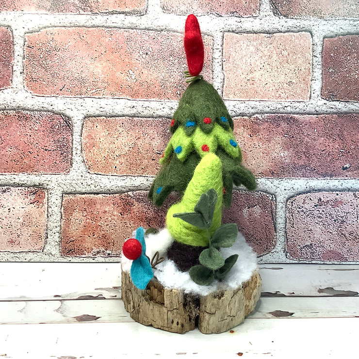 Christmas Tree, Green Gnome & Flora on Natural Tree Stump/Christmas