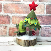 Christmas Tree, Green Gnome & Flora on Natural Tree Stump/Christmas