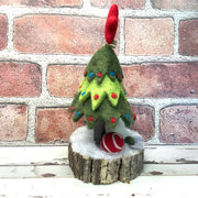 Christmas Tree, Green Gnome & Flora on Natural Tree Stump/Christmas