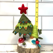 Christmas Tree, Green Gnome & Flora on Natural Tree Stump/Christmas