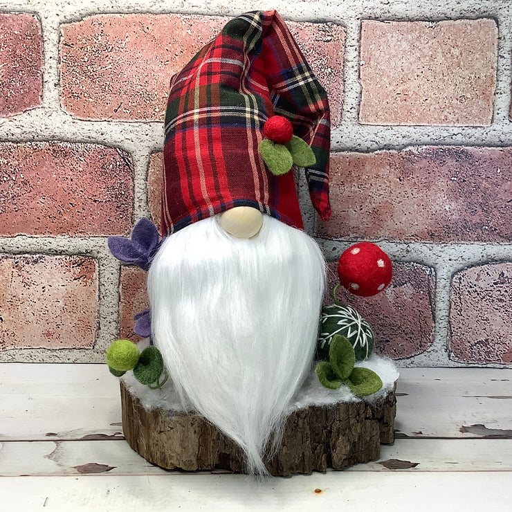 Red Tartan Plaid Gnome & Flora on Natural Tree Stump/Christmas